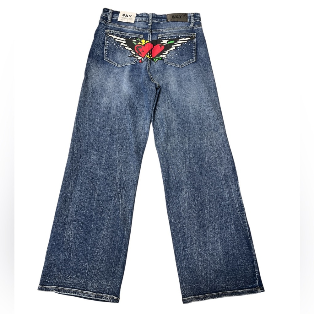 SKY Jeans Womens Flare Bootcut Heart Wings rhinestones Blue Denim Pants ~ NWT